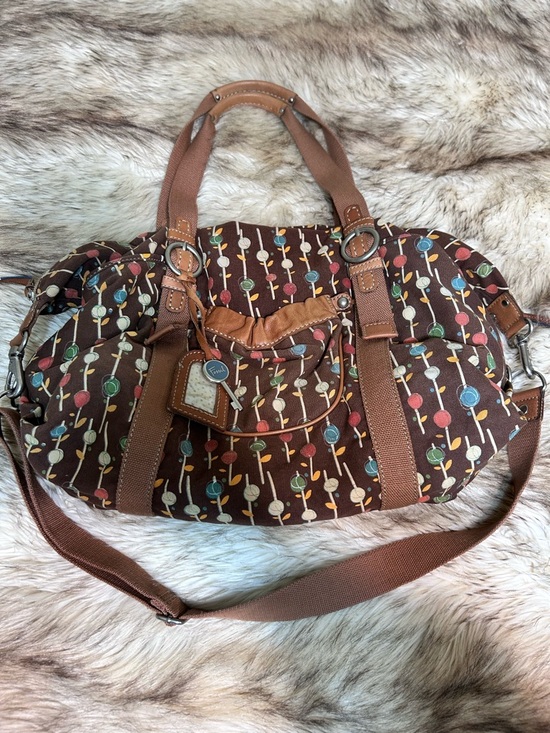 Fossil Handbags - Fossil Brown Canvas Tote with Colorful Dot Stem Print and Green Lined Interior